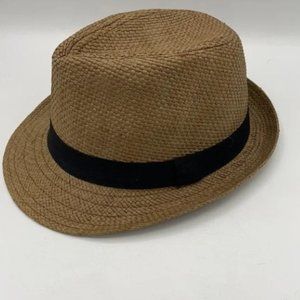 Brown straw black band fedora hat